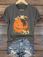 Women's Halloween Pumpkin Cat Print T-Shirt