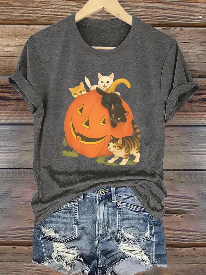 Women's Halloween Pumpkin Cat Print T-Shirt