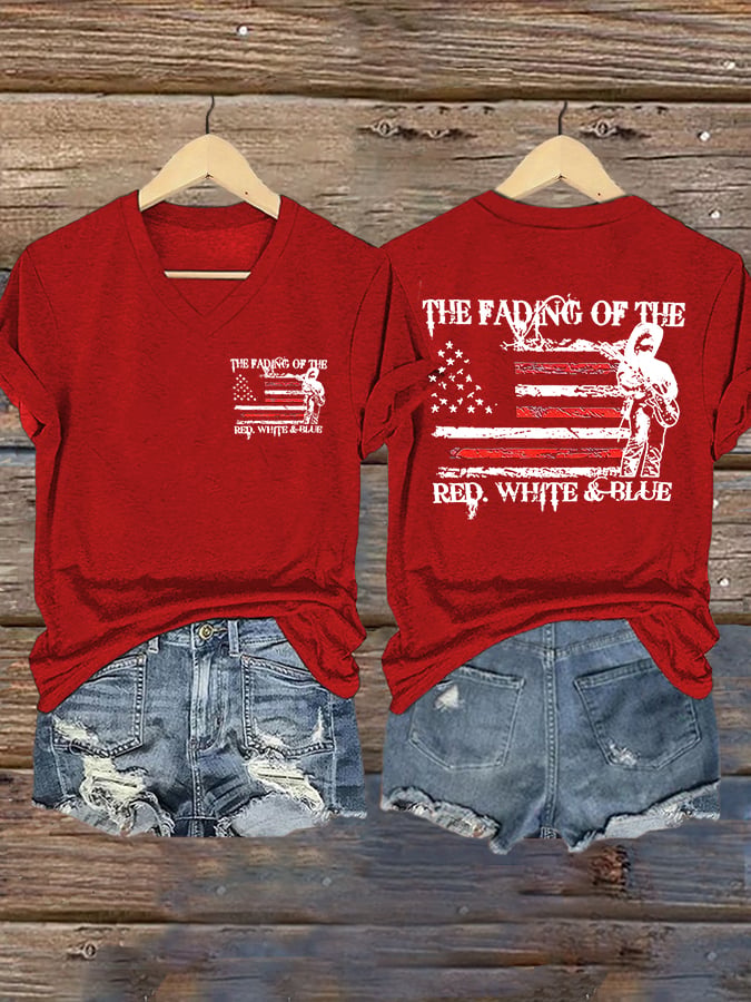V-Neck The Fading of the Red White and Blue Print T-Shirt