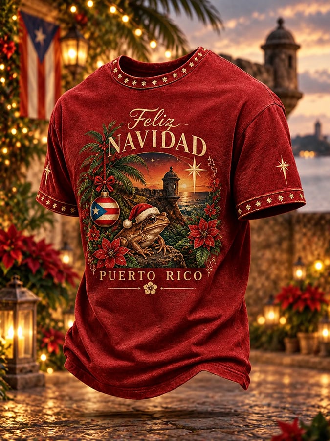 Men's Puerto Rico Christmas Print Round Neck T-shirt