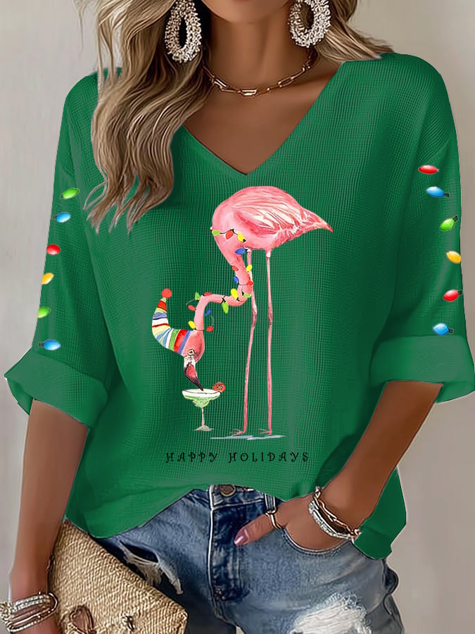 Women's casual Christmas pink flamingo waffle long-sleeved T-shirt