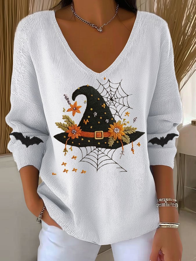 Women's Halloween Witch Hat Printed Casual Striped Fabric Long Sleeve T-shirt