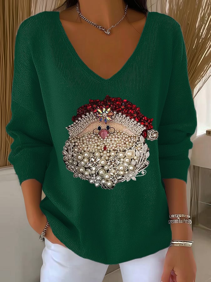 Women's Santa Claus Head Print Knit Top