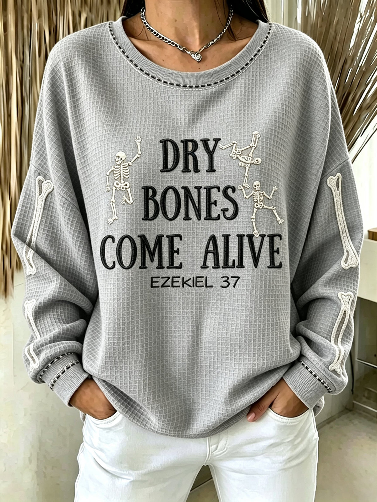 Women's Casual Printed Waffle Long-Sleeve Top