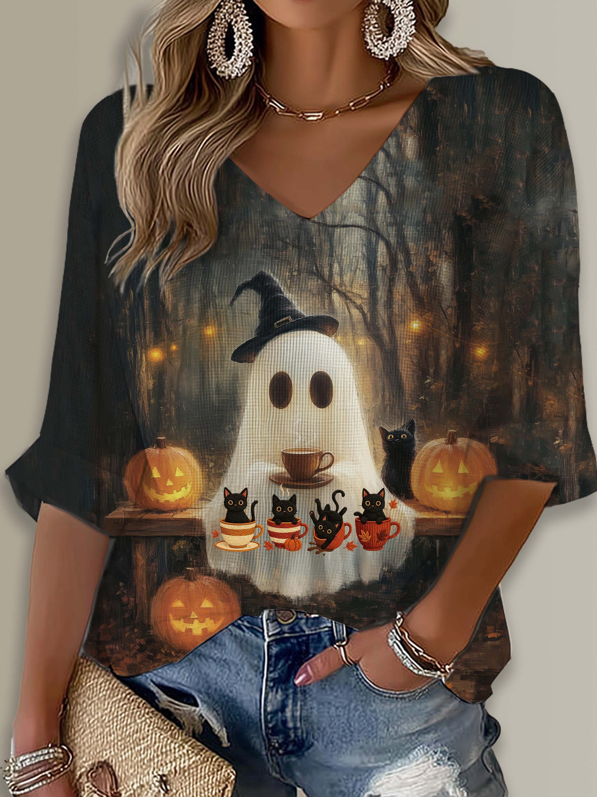 Halloween Cat Ghost Coffee Printed Long Sleeve Top