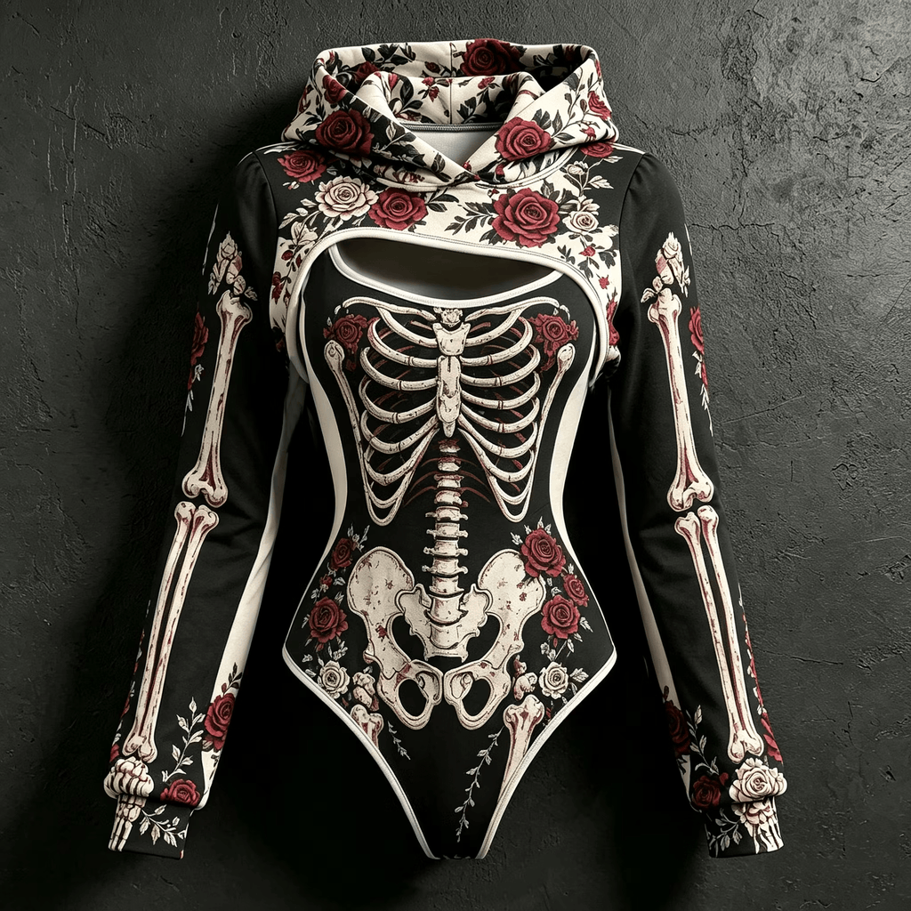 Women's Vintage Halloween Bone-Print Hooded Jumpsuit