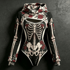 Women's Vintage Halloween Bone-Print Hooded Jumpsuit