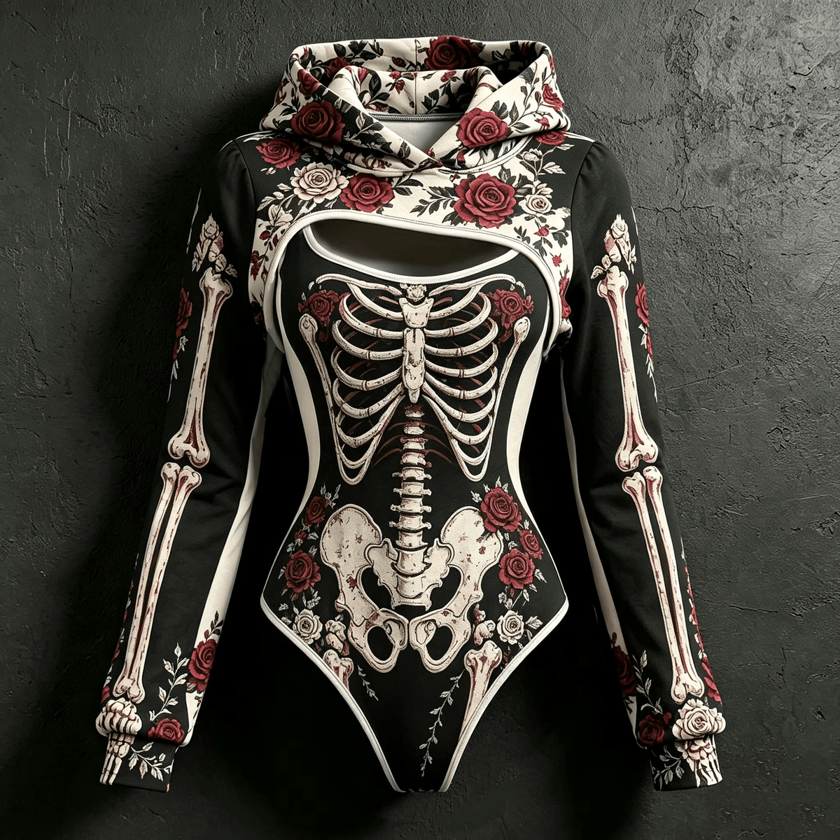 Women's Vintage Halloween Bone-Print Hooded Jumpsuit