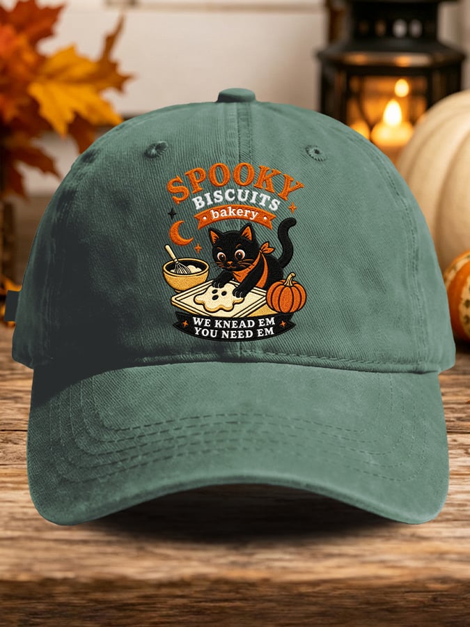 Retro Halloween Cat Baking Pumpkin Ghost Spooky Biscuits Bakery We Knead Em You Need Em Print Baseball Cap