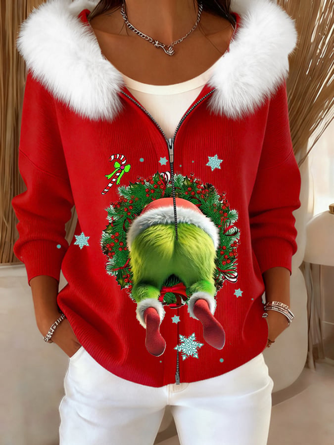 Women's Winter Fun Christmas Fur Collar Zipper Cardigarn