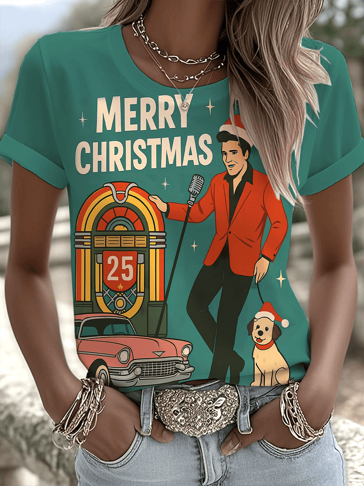 Merry Christmas King of Rock and Roll Printed T-shirts