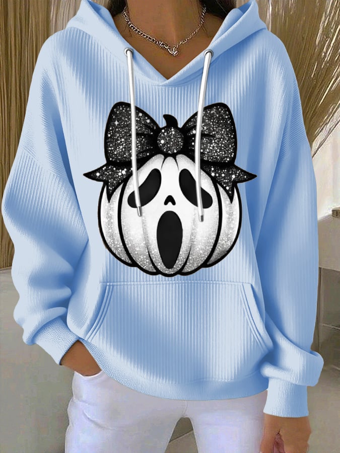 Women's Pumpkin Face Print Casual Hooded Sweatshirt