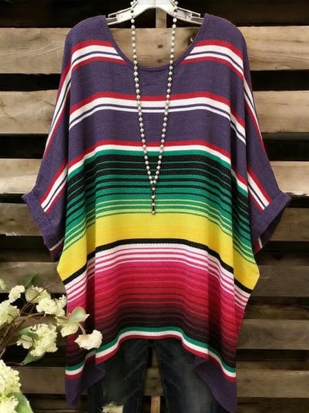 Women's Striped Cotton-Linen Crew Neck Batwing Sleeve T-Shirt