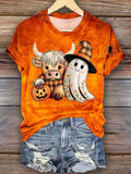 Happy Ghost Highland Cow Halloween Printed T-shirts
