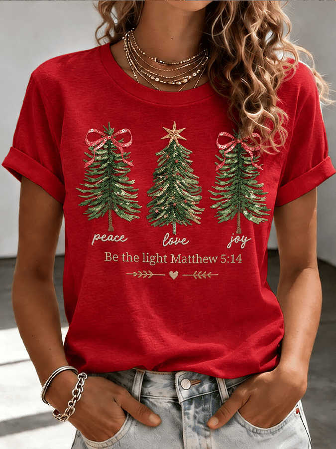 Women's Christmas Comfortable Round Neck Pure Cotton Short-Sleeve T-Shirt - "Peace, Love, and Joy"