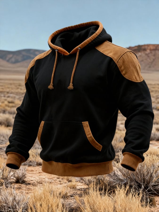 Men's Retro Stitching Contrast Color Hooded Sweatshirt