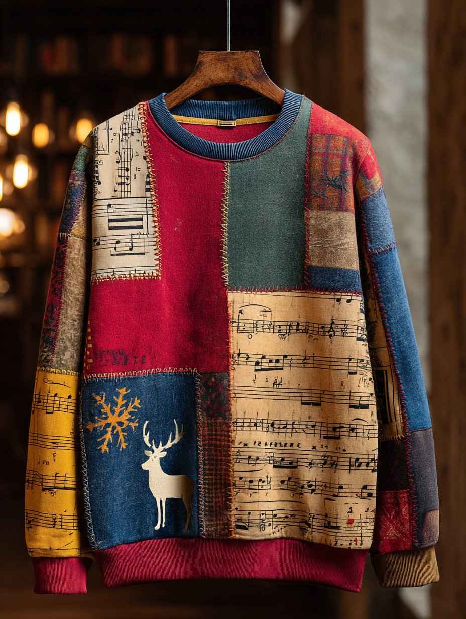 Men's Retro Casual Musical Note Christmas Party Art Sweatshirt