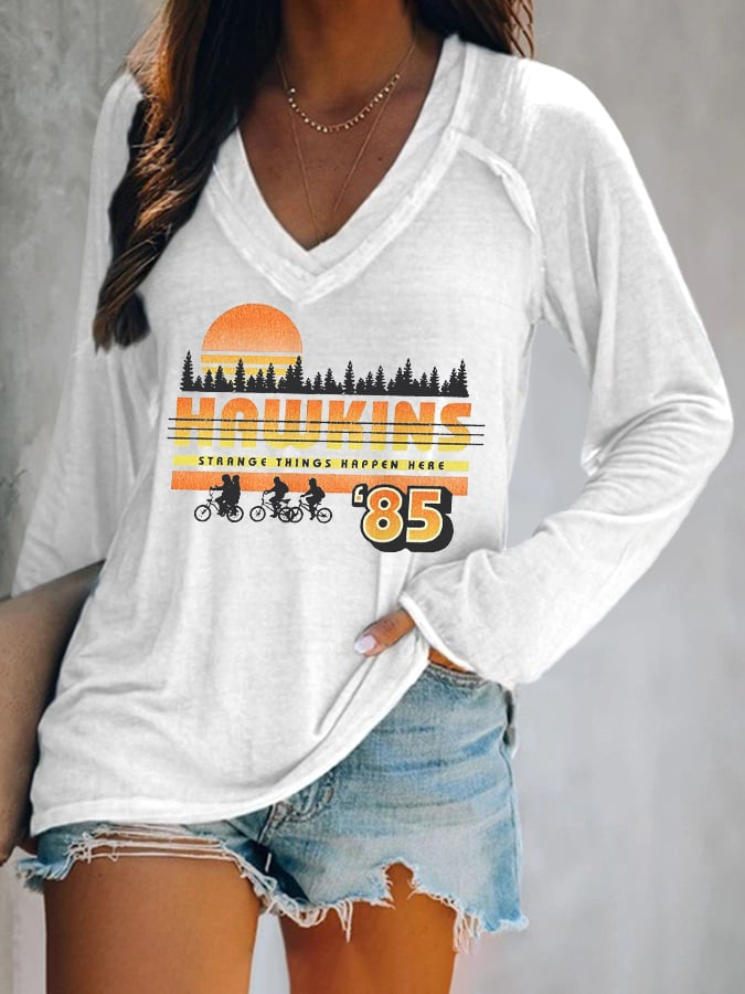 V-neck Retro  Hawkins Print T-Shirt