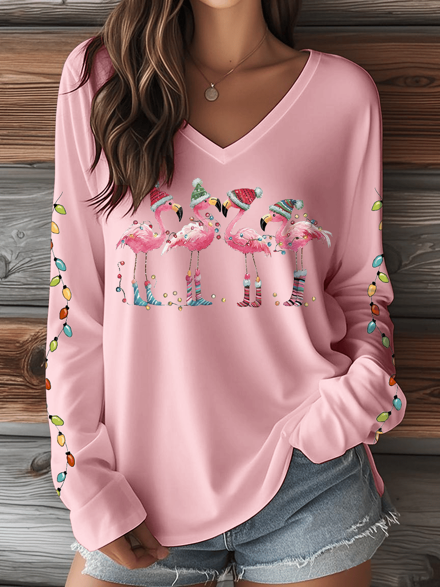 Women's Christmas Flamingo Print V-Neck Long Sleeve T-Shirt