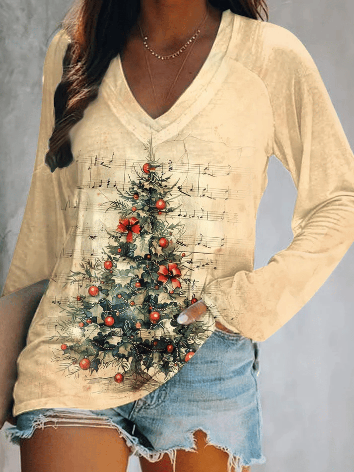 Women's Retro Christmas Printed V-Neck Top