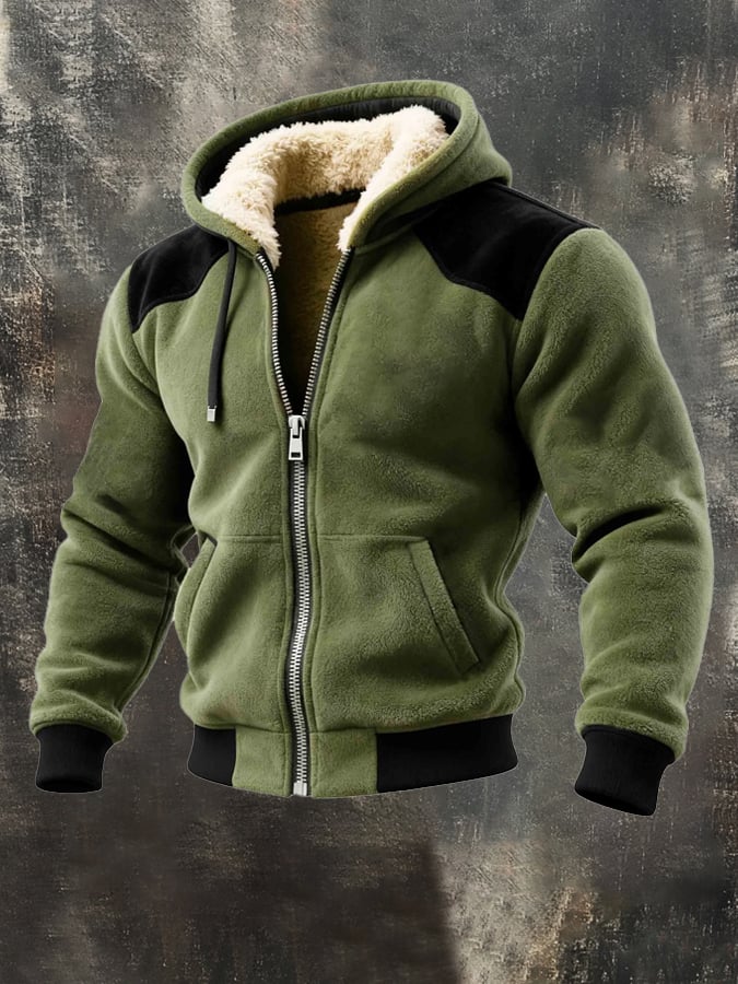 Men's Warm Plush Splicing Contrast Color Zipper Hooded Jacket