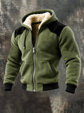 Men's Warm Plush Splicing Contrast Color Zipper Hooded Jacket