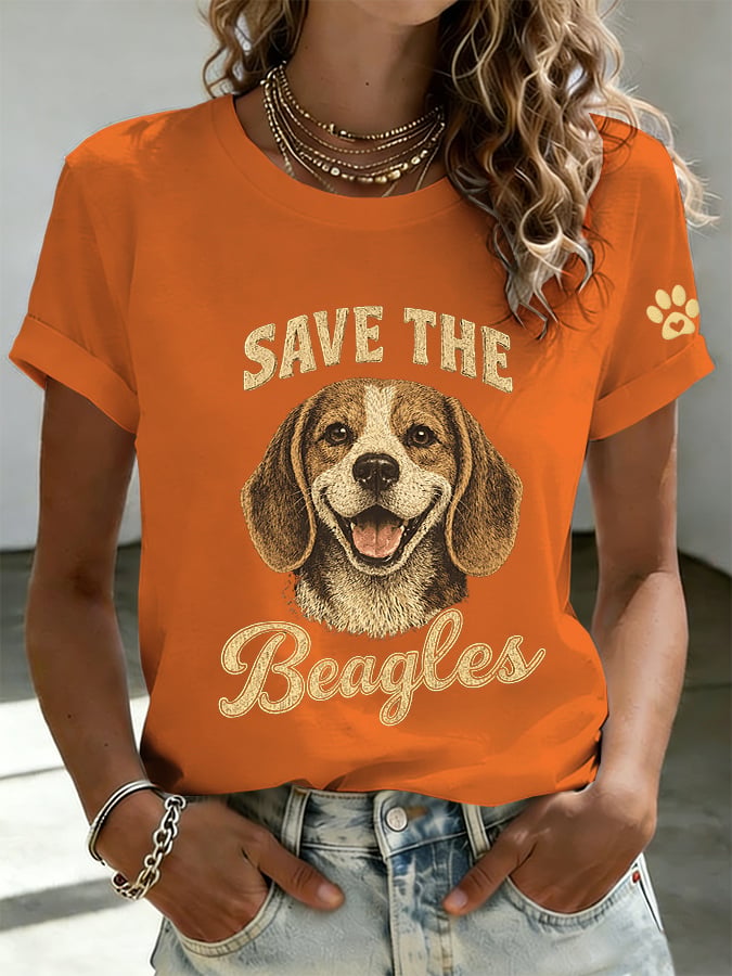 Women's Save The Beagles Print Round Neck T-shirt