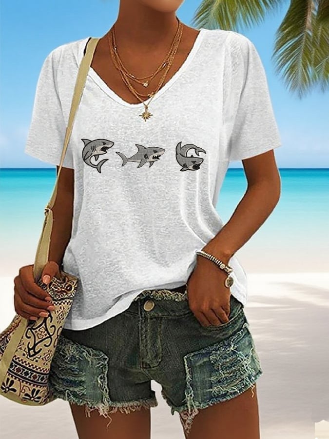 Women's Great White Shark Casual V-Neck T-Shirt