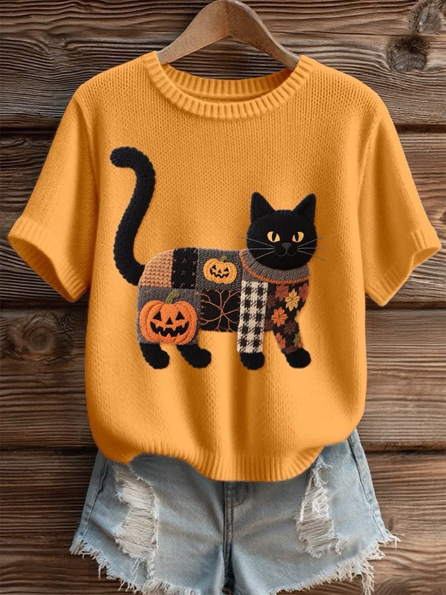 Women's Halloween Pumpkin Cat Knit Top