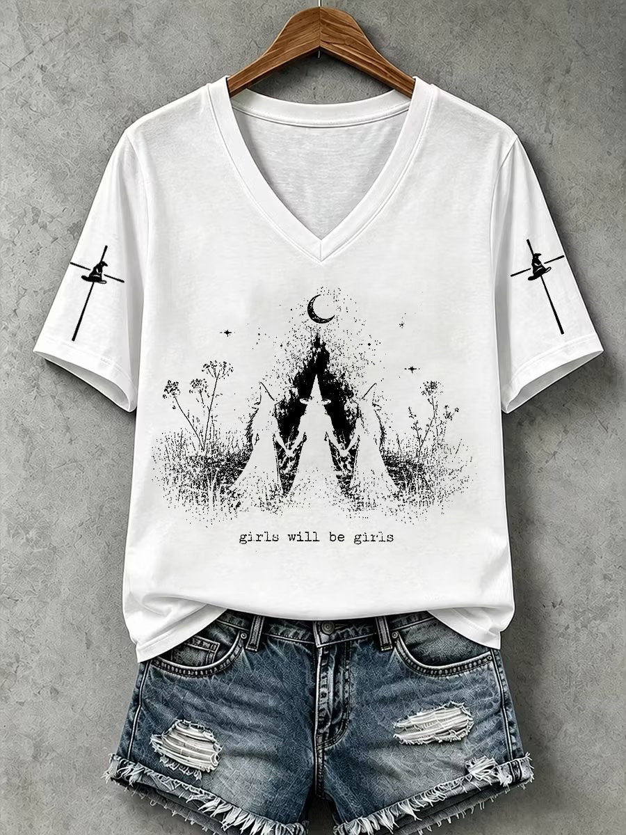 Women's Halloween Girls Will Be Girls Witch Print V Neck T-Shirt