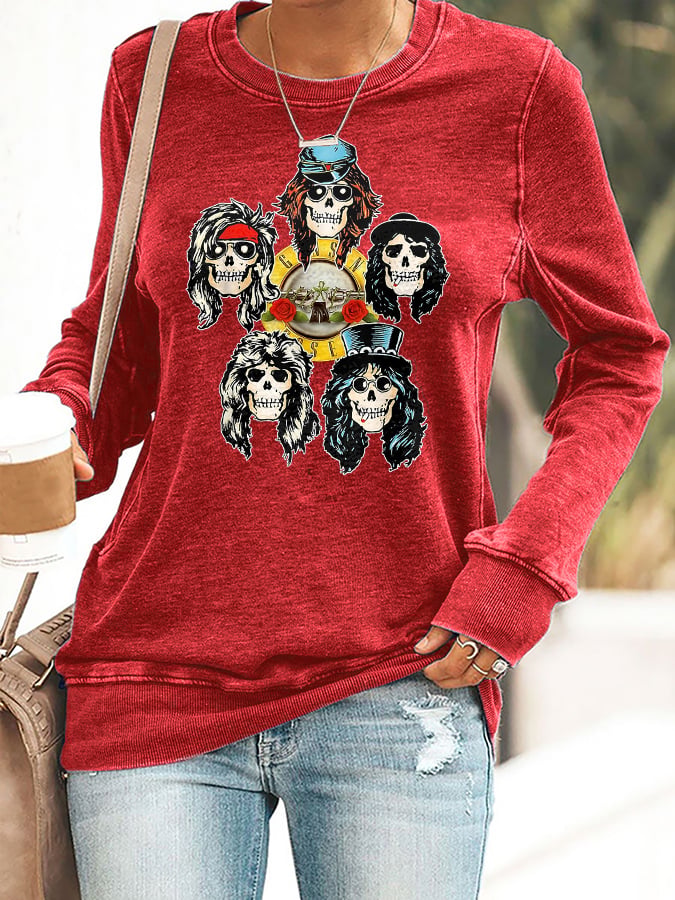 Retro Rock Skull And Rose Print Sweatshirt