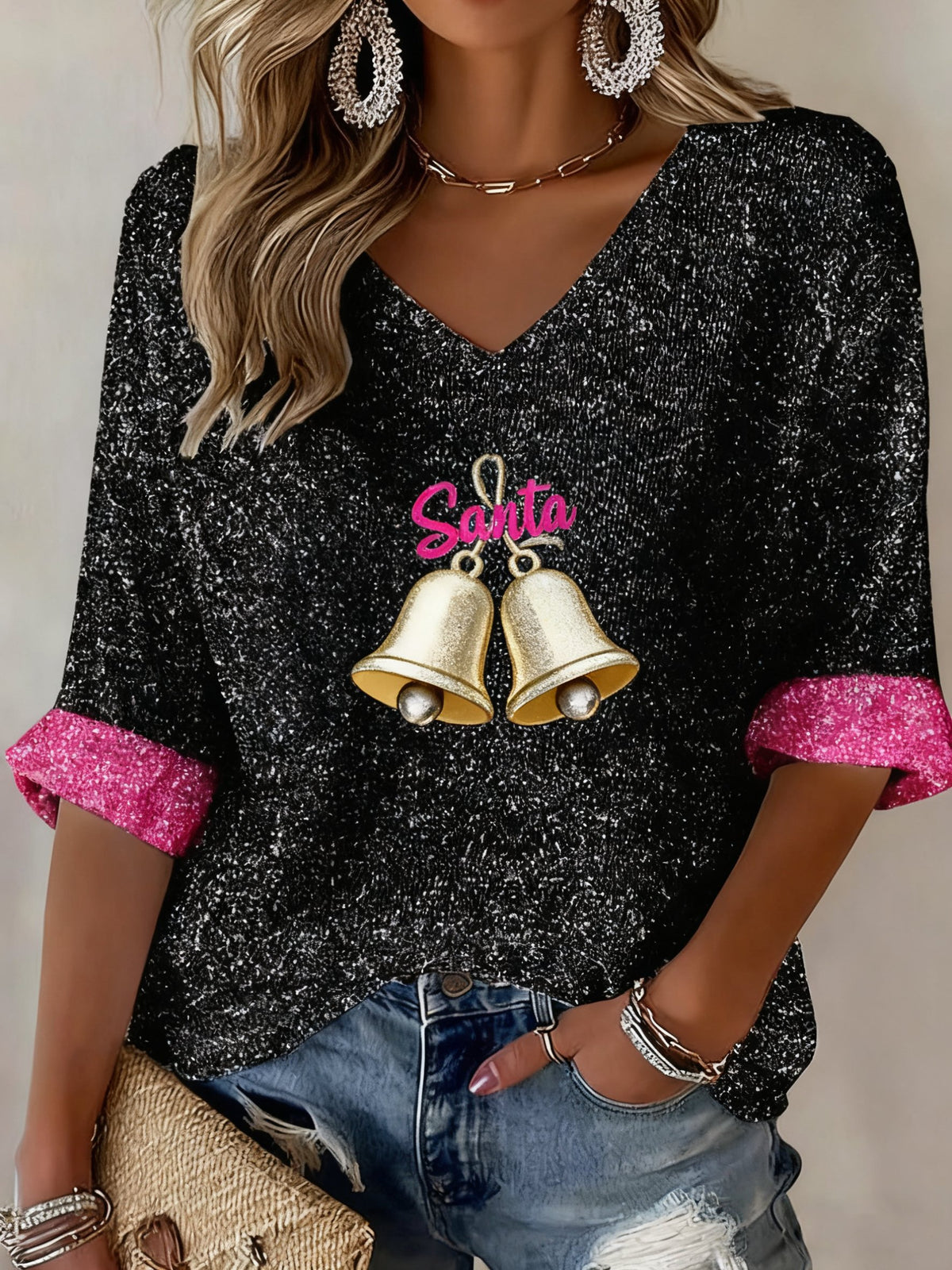 Women's Christmas Santa Bell Print Shirt