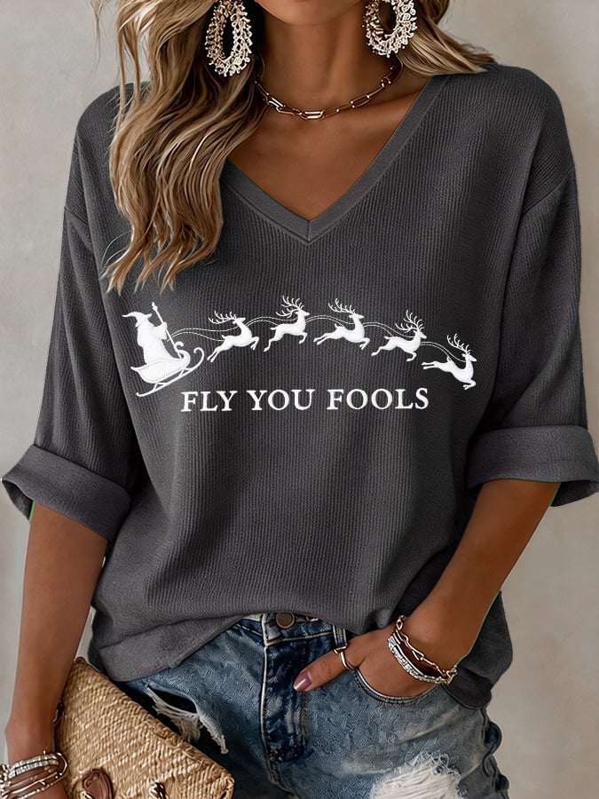 🔥🔥2nd 50% Off 🔥🔥V-Neck Retro Funny Christmas Fly You Fools Reindeer Holiday Season Print T-Shirt
