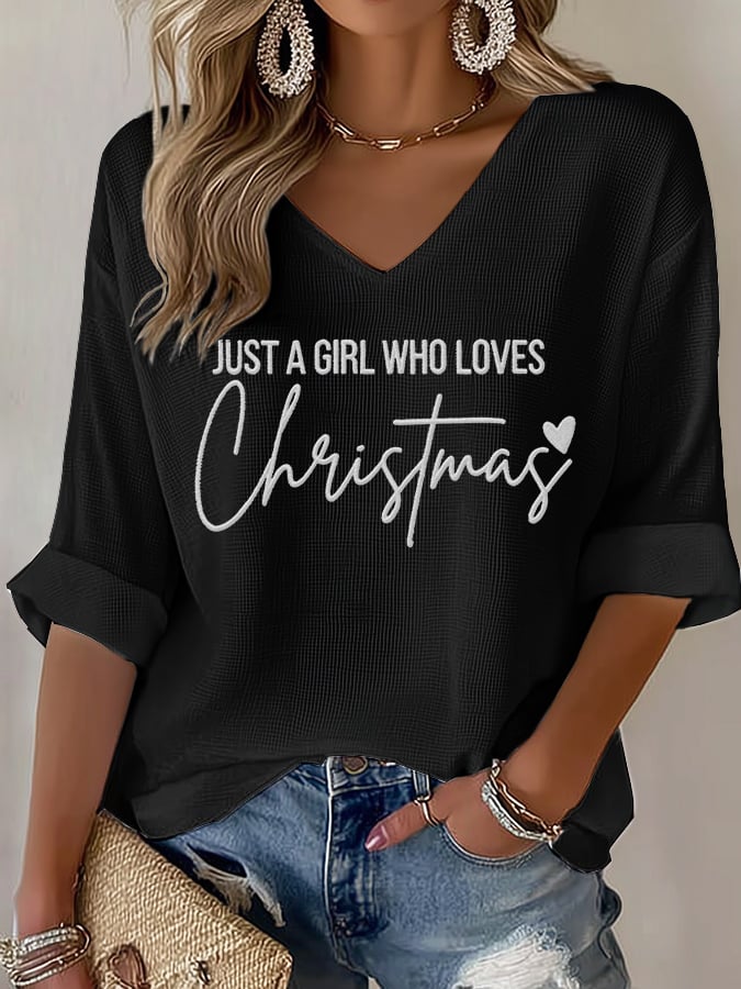 Women's casual just a girl who loves Christmas printed waffle long-sleeved T-shirt