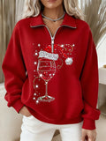 Women's Christmas Hat Wine Glass Long Sleeve Zipper Sweatshirt