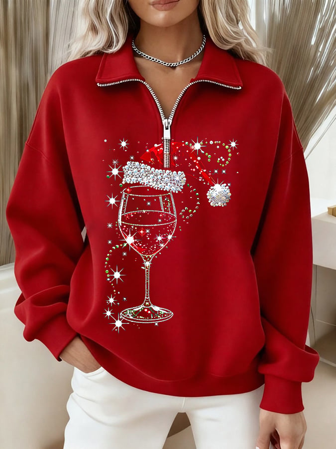 Women's Christmas Hat Wine Glass Long Sleeve Zipper Sweatshirt