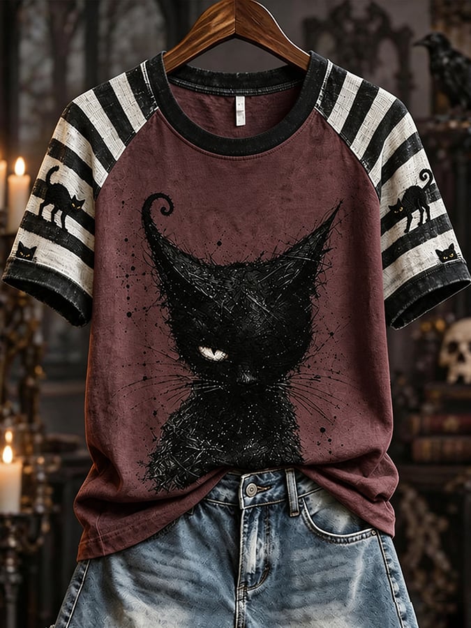 Women's Black Cat Striped Casual T-Shirt