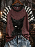 Women's Black Cat Striped Casual T-Shirt