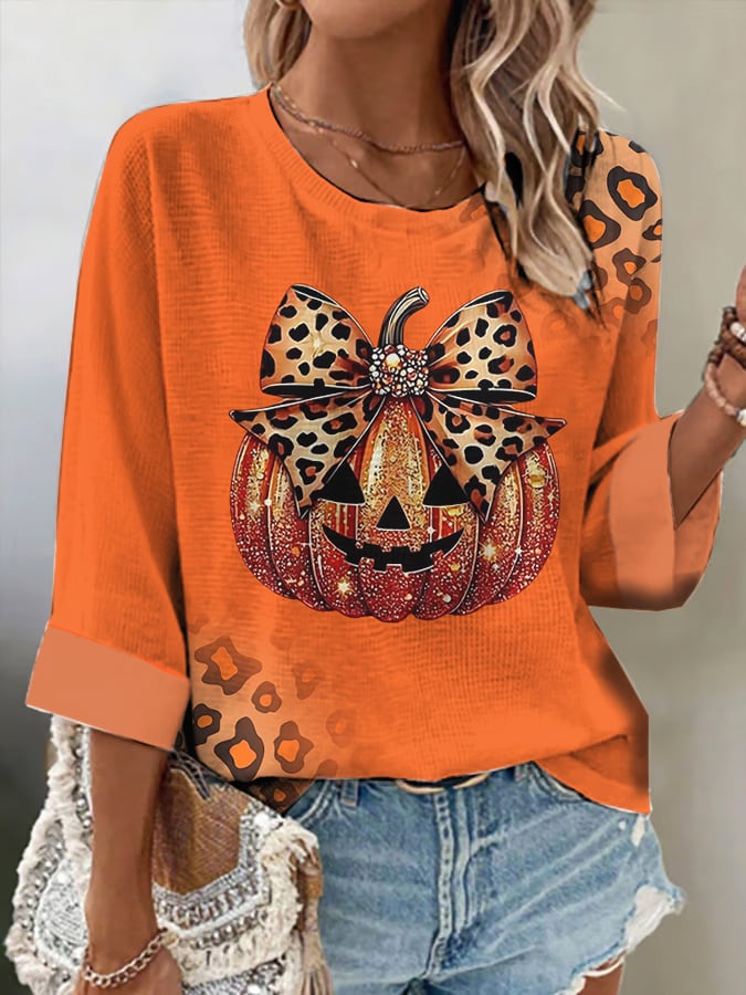 Women's Casual Autumn Leopard Print Pumpkin Waffle Long Sleeve T-shirt