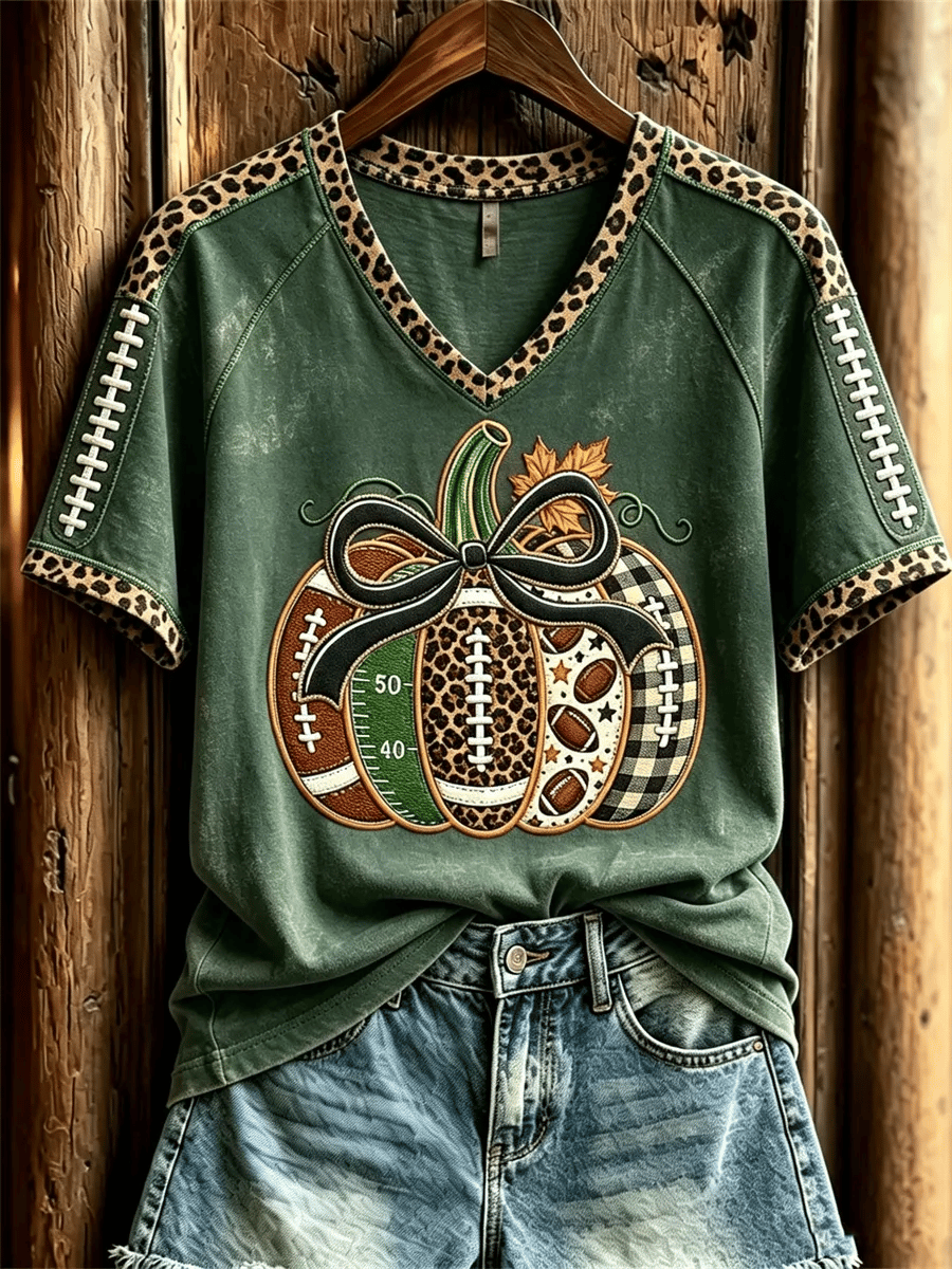 Women's Football Inspired Fall Pumpkin Print T-shirt