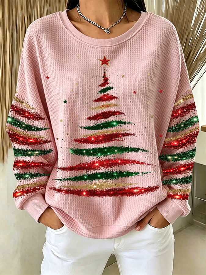 Women's Casual Printed Waffle Long-Sleeve Top