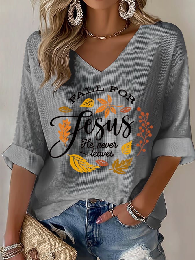 Women's Fall For Jesus He Never Leaves Waffle Long-Sleeved T-Shirt