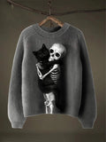 Black Cat Grim Reaper Skull Halloween Art Print Thin Sweater