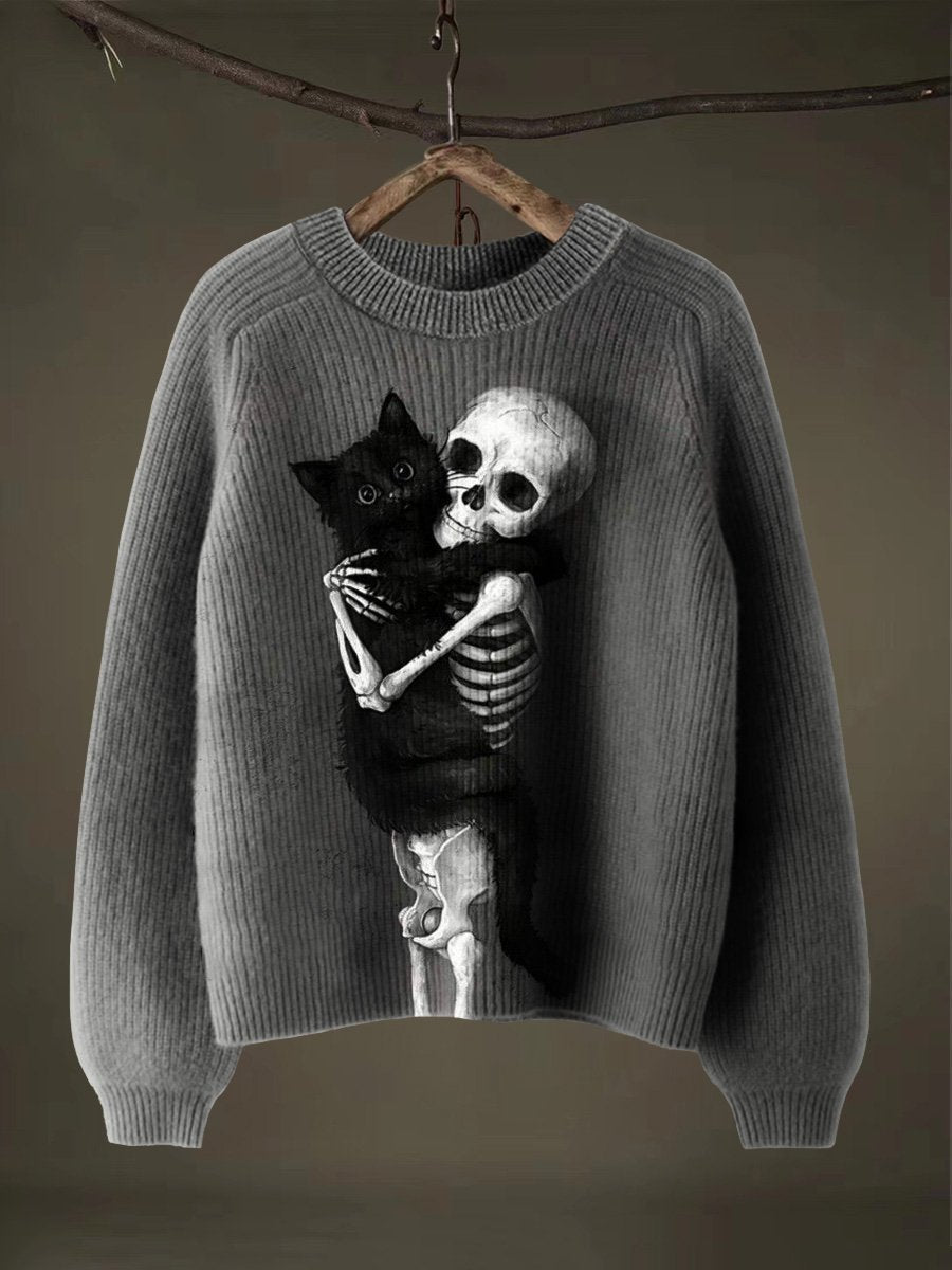 Black Cat Grim Reaper Skull Halloween Art Print Thin Sweater