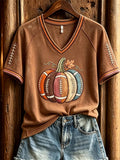 Women's Football Inspired Fall Pumpkin Print T-shirt