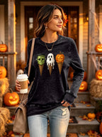 Retro Halloween Spooky Ice Cream  Pumpkin Ghost Print Sweatshirt