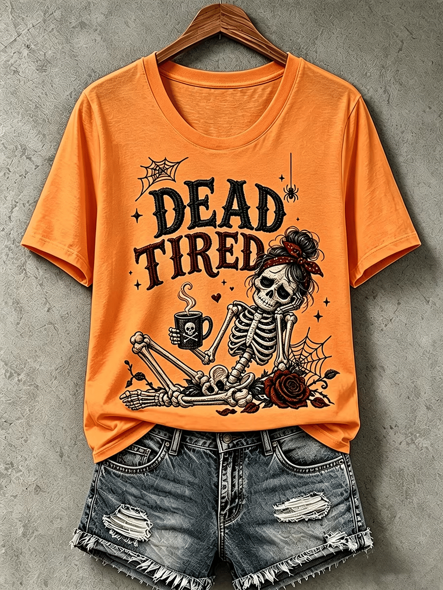 Women's Halloween Dead Tired Print T-Shirt