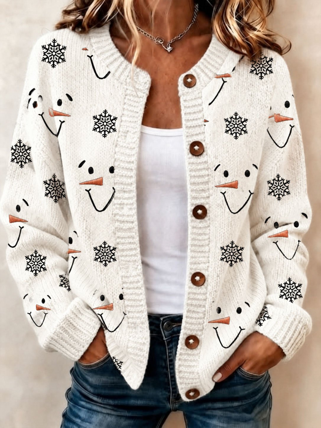 🔥🔥2nd 50% Off 🔥🔥Women's Casual Snowman-Print Knit Cardigan