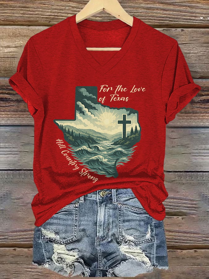 V-Neck Retro For The Love Of Texas Hill Country Strong Print T-Shirt