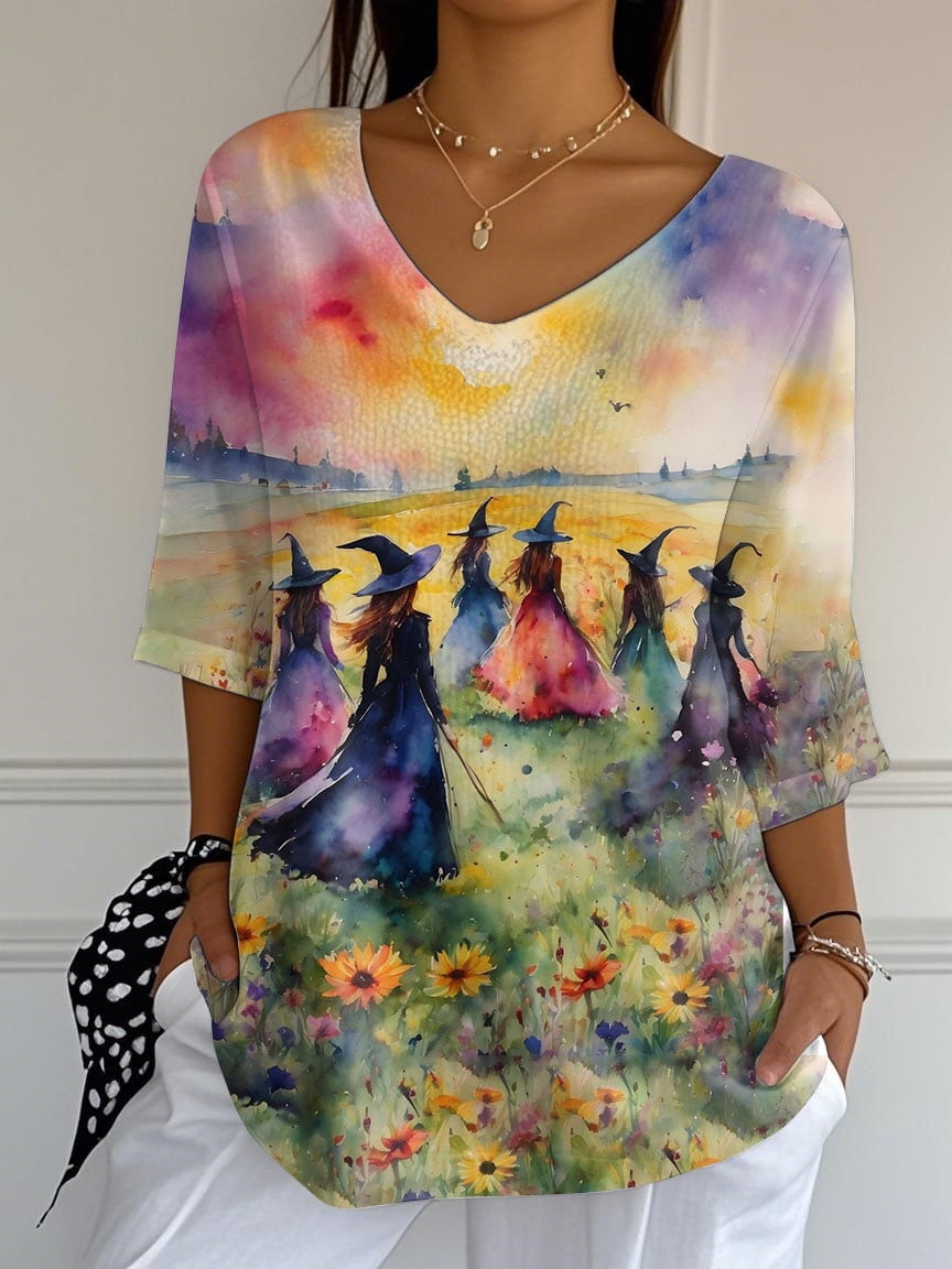 Women's Witches Art Print Mid Sleeve T-Shirt